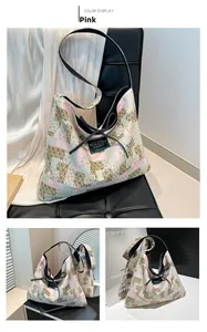 Detail of pink patchwork tote bag featuring floral patterns and leopard print fabric