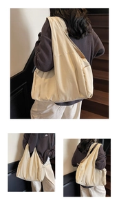 Three-panel view of a beige canvas tote bag shown on a model on wooden stairs