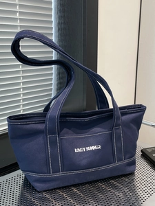 Women Casual Canvas Tote Bag Japanese Style Letter Print Shoulder Bag With Contrast Stitching Large Capacity Underarm Bag