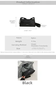 Dettagli della borsa a tracolla in nylon nero con dimensioni e tabella delle specifiche