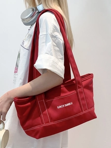 Large red canvas tote bag with Lovey Summer print for daily school and commuting