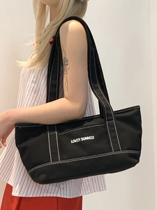 Japanese style black canvas tote bag with Lovey Summer print and white contrast stitching
