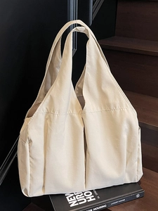 Large Capacity Canvas Tote Bag Pleated Minimalist Shoulder Bag Solid Color Lightweight Commuting Hobo Bag For Women