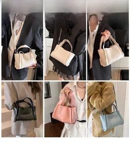 Collage of leather bucket bag in multiple colors showing crossbody and handheld styles