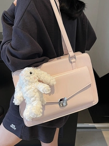 Pink PU leather shoulder bag with cute white bunny pendant for women’s casual commute