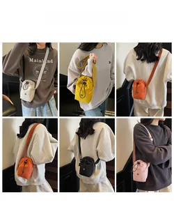 Collage of colorful drawstring nylon crossbody bags showing various styling options