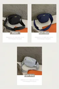Close-up of nylon crossbody bags in black, navy, and light grey with a minimalist design