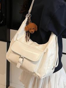 Minimalist large white tote bag for women with cute poodle pendant and flap pocket