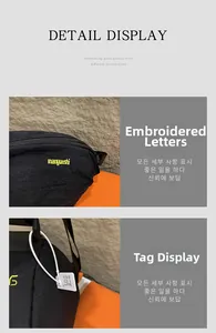 Detail showing high-quality yellow embroidered lettering on black canvas crossbody bag