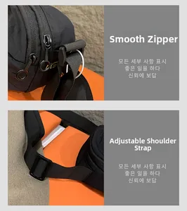 Detail of smooth metal zipper and adjustable strap buckle on black crossbody bag