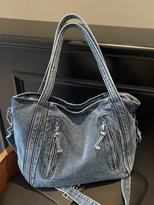 Sac Bandoulière Décontracté en Denim Lavé pour Femmes Sac Fourre-Tout Grande Capacité Multi-Poches pour Étudiants Trajet