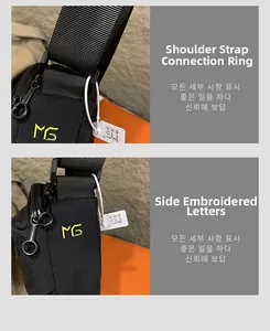 Detail of black nylon crossbody bag featuring yellow MG embroidery and strap connector