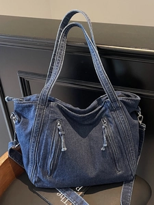 Grand sac cabas en denim bleu foncé de style japonais avec bandoulière réglable