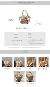 Size guide for straw handbag with hello embroidery and floral ribbon detail
