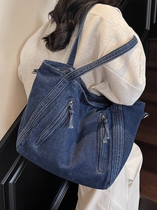 Sac fourre-tout en denim grande capacité avec fermetures éclair et surpiqûres