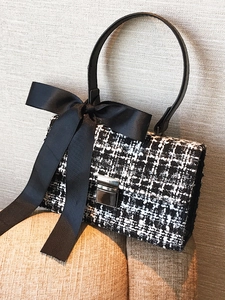 Women Elegant Tweed Handbag With Large Satin Bow Stylish Plaid Crossbody Bag Square Flap Shoulder Purse For Daily Party Use
