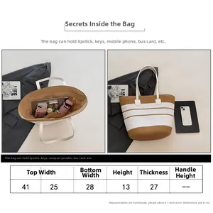 Tableau des tailles détaillé et capacité interne du sac de plage tissé à rayures