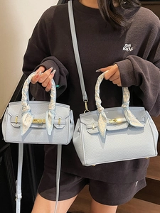 Elegant light blue lychee pattern leather handbag with metal lock and silk scarf handle