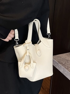 White lychee pattern leather bucket bag with mini pouch charm and silver hardware