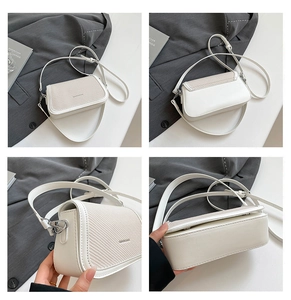 Four-angle views of white crossbody bag with woven texture flap and metallic accents