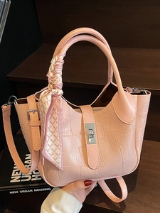 Fashion Women PU Leather Bucket Bag With Silk Scarf Stone Pattern Splicing Crossbody Bag Metal Lock Commuter Handbag
