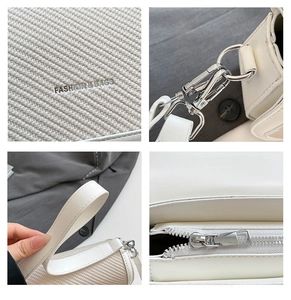 Close-up of cream PU leather shoulder bag with woven texture and silver hardware details