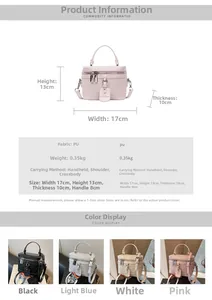 Detailed size chart and multi-color view of geometric quilted bucket bag with dimensions
