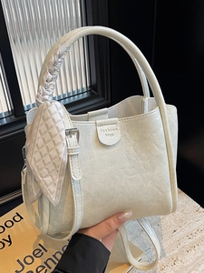 Women Korean Style PU Leather Bucket Bag Minimalist Crossbody Handbag With Decorative Silk Scarf Daily Commuting Bag