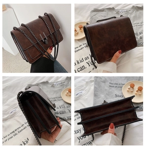 Detailed views of vintage brown crossbody bag with matte texture and chain strap