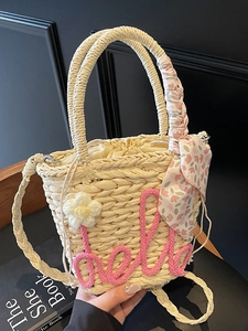Women Straw Bucket Bag Hello Embroidery Floral Decor Satin Scarf Handle Drawstring Summer Beach Vacation Style Crossbody Bag