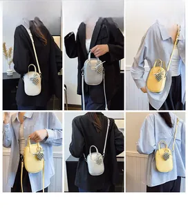 Detailed views of stylish mini crossbody phone bags in cream, silver, and yellow colors