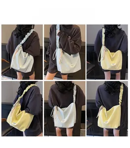Detail shots showing light blue and yellow tote bags with unique drawstring straps
