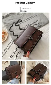 Detail showing retro brown chain crossbody bag with metal H-lock and white stitching