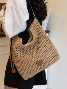 Bohemian hollow crochet tote bag in khaki with leather strap and minimalist patch