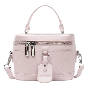 Quilted light pink bucket box bag with silver hardware and detachable shoulder strap
