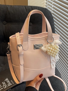 Women Minimalist PU Leather Bucket Bag With Artificial Pearl Heart Pendant Lace Bowknot Handbag Crossbody Bag For Commuting Daily