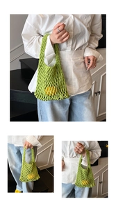 Détail du sac filet en corde de coton vert avec texture crochetée 3D faite à la main