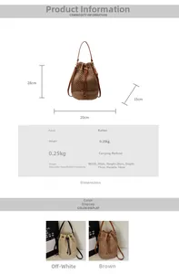 Detailed size chart and multi-color view of woven straw bucket bag with drawstring closure