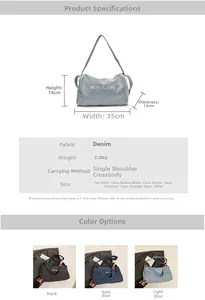Dettaglio della borsa tote in denim con dimensioni e texture del materiale