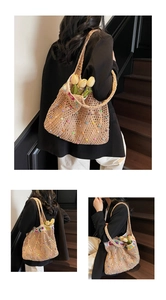Detail of hand-crocheted sunflower tote bag with colorful beads and bohemian floral trim