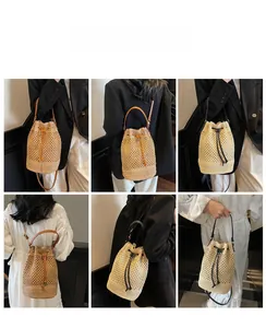 Detail shots of hollow woven bucket bag showing drawstring closure and leather straps