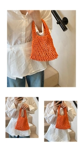 Gros plan détaillé d'un sac cabas en maille orange ajourée avec un design tissé à la main