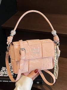 Women Woven Grid PU Leather Crossbody Bag Korean Style Wrinkled Texture Flap Square Handbag With Artificial Pearl Charm Pendant