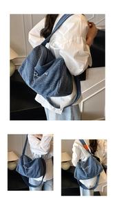 Tre viste di una capiente borsa tote in denim blu con ricamo BOLJON indossata dal modello