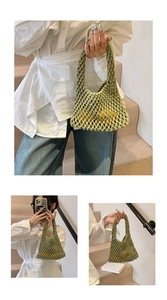Vues macro détaillées d'un sac cabas en maille verte montrant textures et motifs tressés