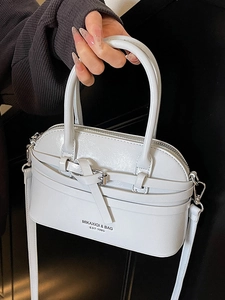Minimalist light grey glossy leather shell handbag with adjustable shoulder strap for women