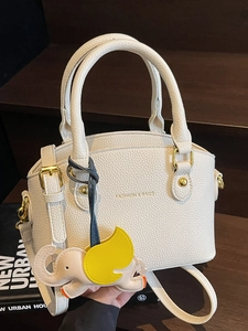Women Litchi Pattern PU Leather Handbag Elegant Crossbody Bag With Elephant Charm Gold Hardware Top Handle Satchel Purse