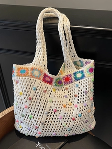 Women Handmade Crochet Sunflower Tote Bag With Colorful Beads Hollow Knit Shoulder Bag Bohemian Forest Style Large Handbag