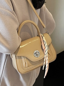 Chic beige oil wax leather satchel with silk scarf and silver metallic twist lock