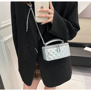 Detailed view of silver quilted vanity bag with metallic finish and metal chain strap